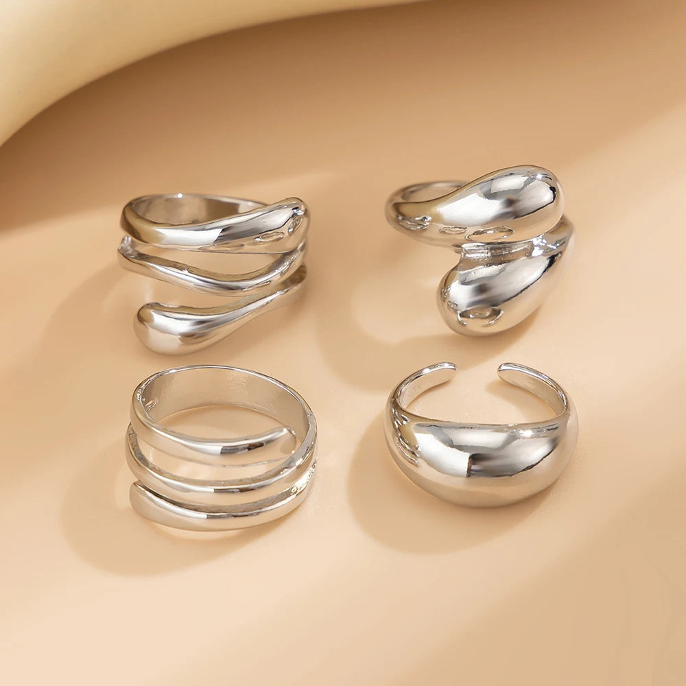 Fashion 4Pcs Irregular Rings Set for Women Punk Personality Gold Silver Color Open Rings Party Daily Female Jewelry