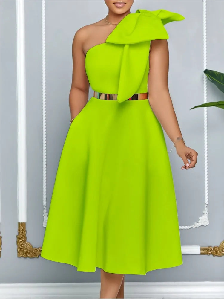 French One Shoulder A Line Pleated Birthday Party Dresses Women Bow Sleeveless Belt Large Skirt Elegant Women's Party Dress
