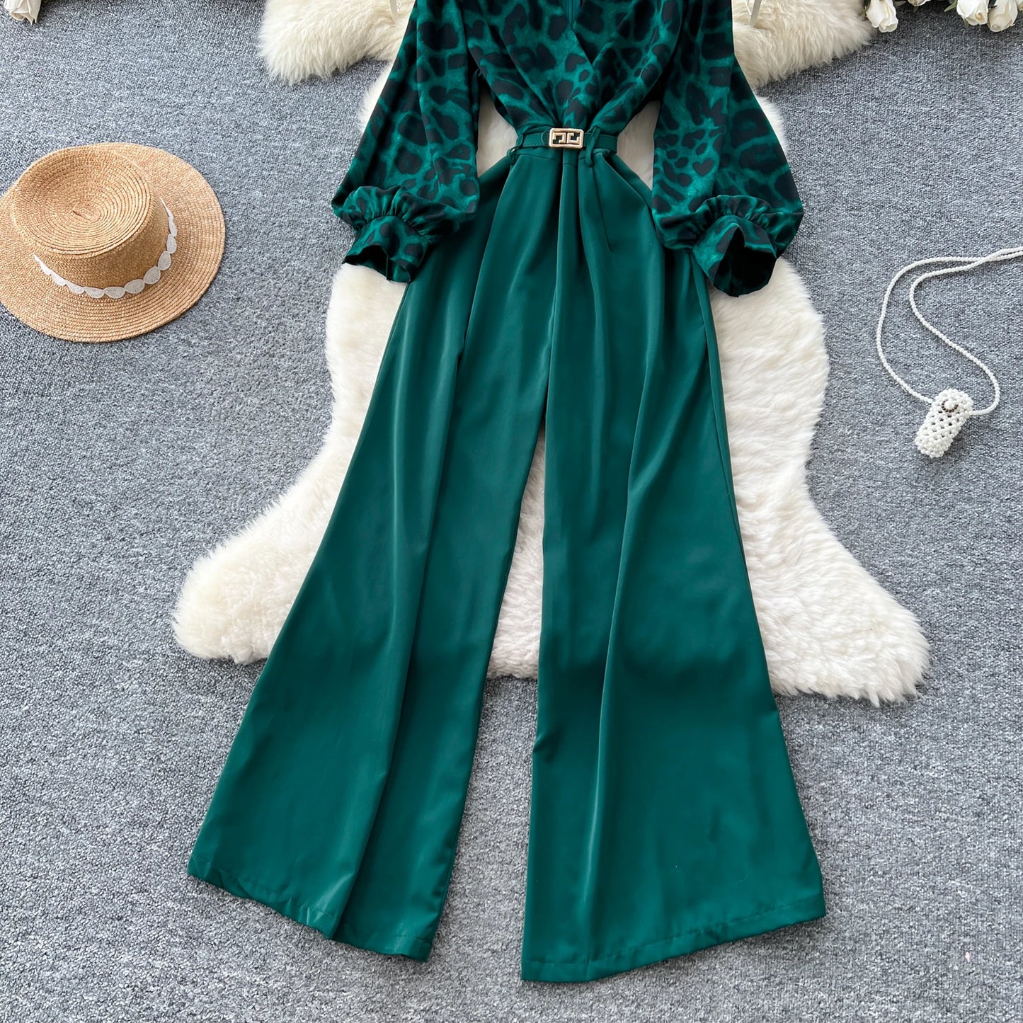 SINGREINY Autumn Leopard Long Jumpsuits V Neck Long Sleeves Belt Wide Legs Pants Women American Retro Senior Office Lady Rompers