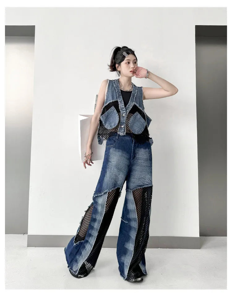 Grid Stitching V-Neck Denim Vest Women's Summer Fried Street Fashion Brand Loose Burrs Short Sleeveless Vests Jackets Female
