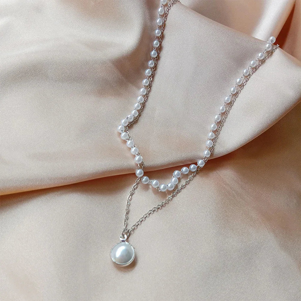 Pearl Dainty Adjustable Double Layer Chain Pendant Necklaces Gold Plated Pearl Tiny Chain Delicate Mother's Valentine Jewelry