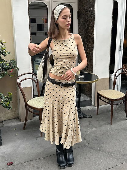 Absobe Polka Dot Y2K Skirt 2 Piece Set Women's Sleeveless Tank Top Fashion Irregular A-Line Skirt Slim Suit Summer Casual Outfit