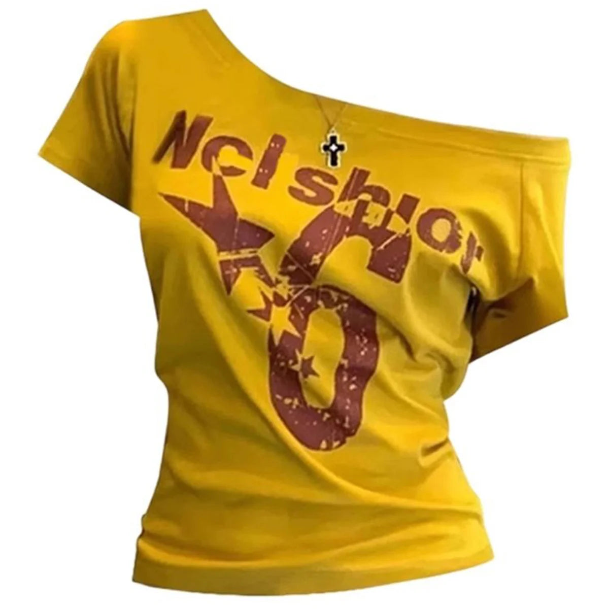 Y2kスポーツサマーオフショルダートップ レディース レター セクシー ヴィンテージ 2000年代 ショートスリーブTシャツ レディボディ ベーシッククロップトップ 女性用 カジュアル