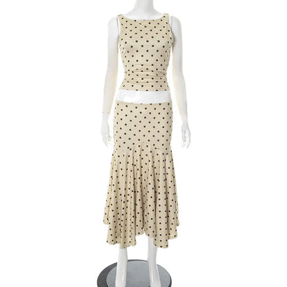Absobe Polka Dot Y2K Skirt 2 Piece Set Women's Sleeveless Tank Top Fashion Irregular A-Line Skirt Slim Suit Summer Casual Outfit