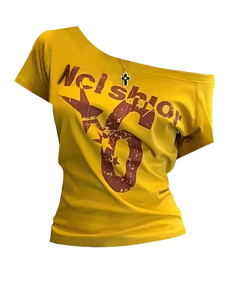 Y2kスポーツサマーオフショルダートップ レディース レター セクシー ヴィンテージ 2000年代 ショートスリーブTシャツ レディボディ ベーシッククロップトップ 女性用 カジュアル
