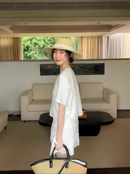 English embroidery style casual women's 100% linen short suit