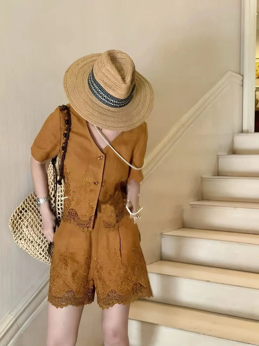 English embroidery style casual women's 100% linen short suit