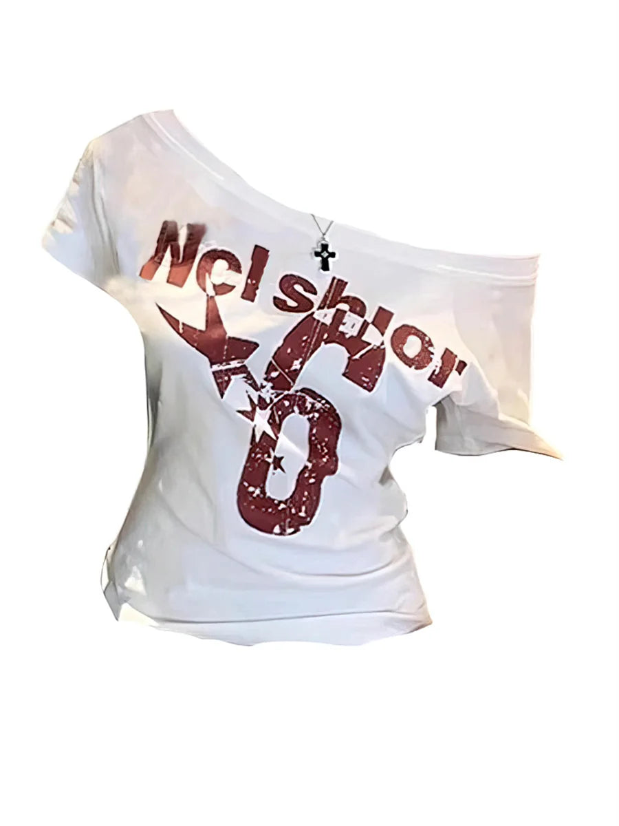 Y2kスポーツサマーオフショルダートップ レディース レター セクシー ヴィンテージ 2000年代 ショートスリーブTシャツ レディボディ ベーシッククロップトップ 女性用 カジュアル
