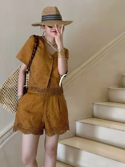 English embroidery style casual women's 100% linen short suit