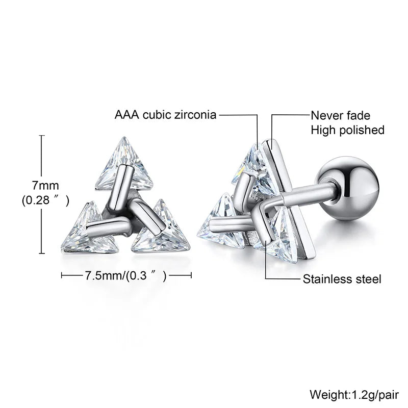 Men Stud Earring,Triangle Pierced Crystal Zircon Stud Earrings,Stainless Steel Tiny Minimalist Studs for Mens Women Jewelry