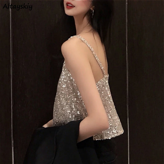 Camisoles Women New Chic Silvery Sequined Sexy V-Neck Off Shoulder Femme Crop Top Vintage Korean Loose Street Party Womens Tops