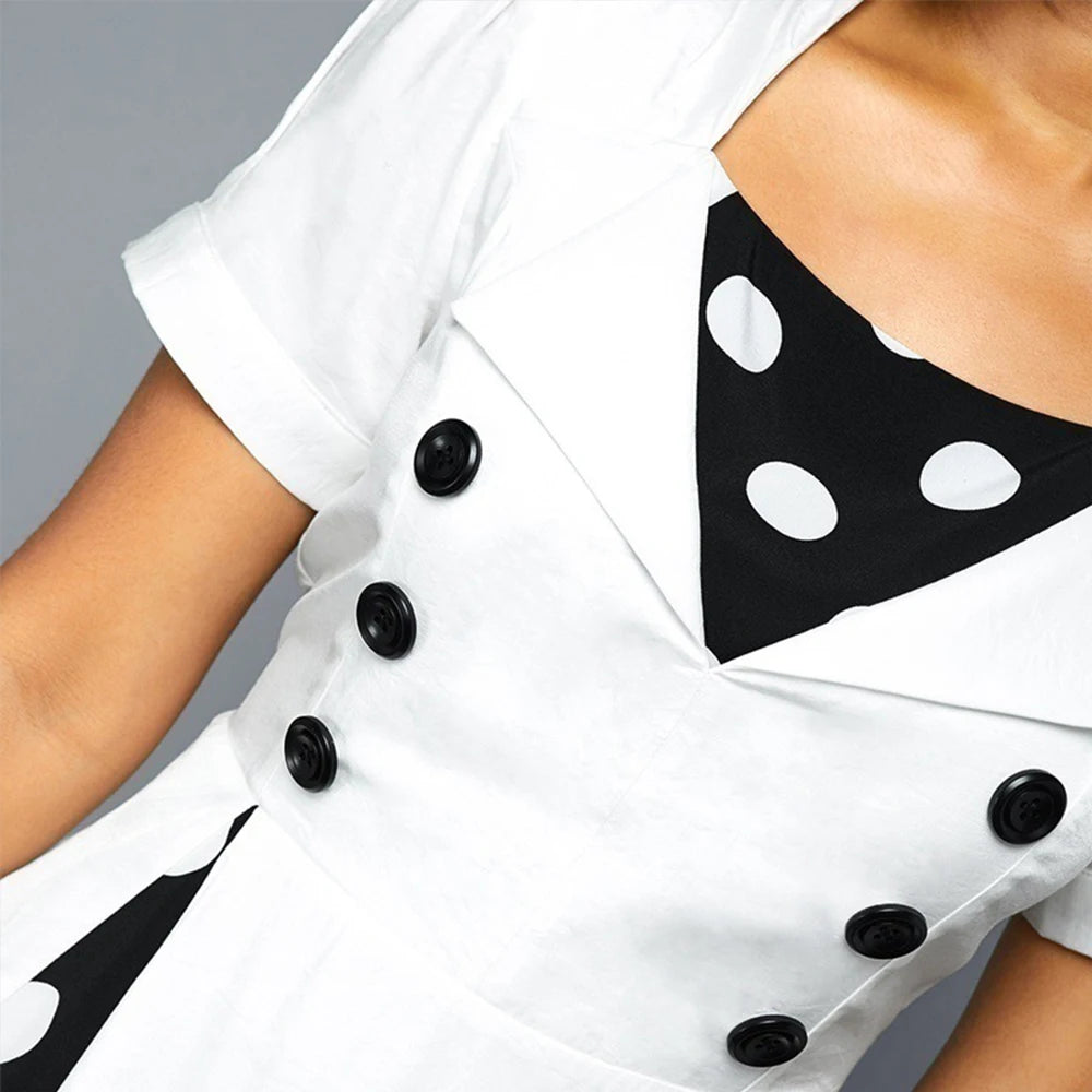 Vintage Dot Print Swing Pin Up Summer Party Dresses Women Short Sleeve High Waist A-Line Dress Elegant Casual Robe Vestidos