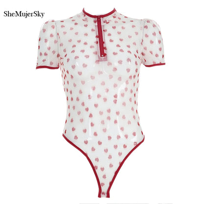 SheMujerSky Sexy Transparent Bodysuit Women Short Sleeve Heart Print Bodysuits Zipper O-neck Jumpsuit Overalls