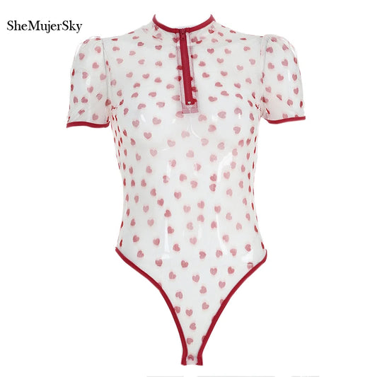 SheMujerSky Sexy Transparent Bodysuit Women Short Sleeve Heart Print Bodysuits Zipper O-neck Jumpsuit Overalls