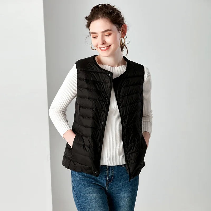 White Stand Collar Women's Sleeveless Down Vest Coat Winter Thin Slim Business Vests White Blue Black Red Women Waistcoat 3XL