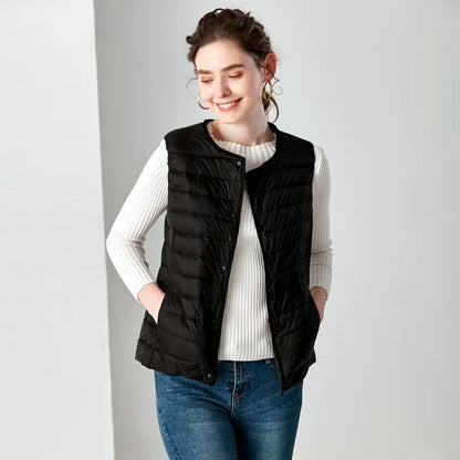 White Stand Collar Women's Sleeveless Down Vest Coat Winter Thin Slim Business Vests White Blue Black Red Women Waistcoat 3XL