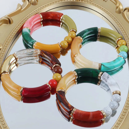 Fashion Acrylic 4PCS/Set Resin Amber Bamboo Bead Elastic Bracelet Bangles Tube Beads Handmake 2024 Trendy Designer Bracelet Set