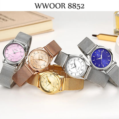 WWOOR 高級ブランド ドレスゴールドウォッチ レディース エレガント ダイヤモンド スモールクォーツ腕時計 女性用 スチールメッシュ 時計 zegarek damski