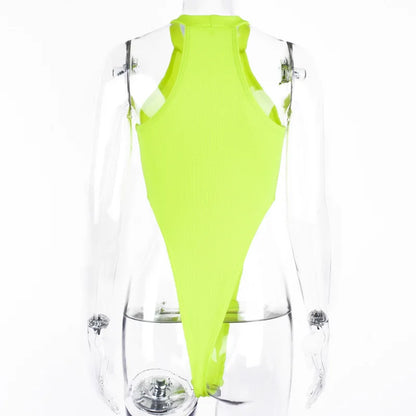 Sexy High Street Bodycon Neon Bodysuits Summer Colorful Sleevelss Backless Ftness Outfit Club Party Jumpsuit Combinaison Femme
