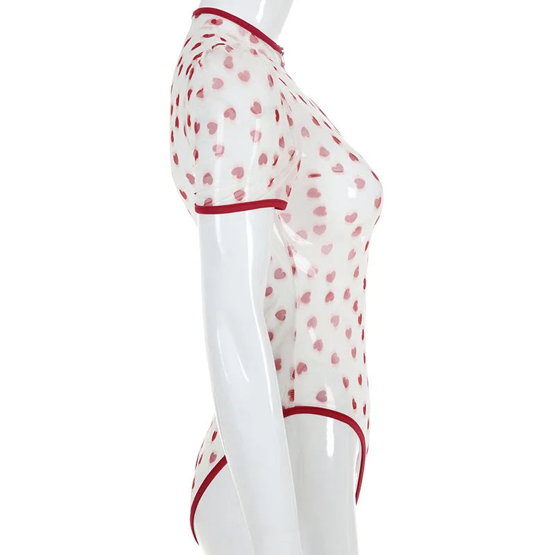 SheMujerSky Sexy Transparent Bodysuit Women Short Sleeve Heart Print Bodysuits Zipper O-neck Jumpsuit Overalls