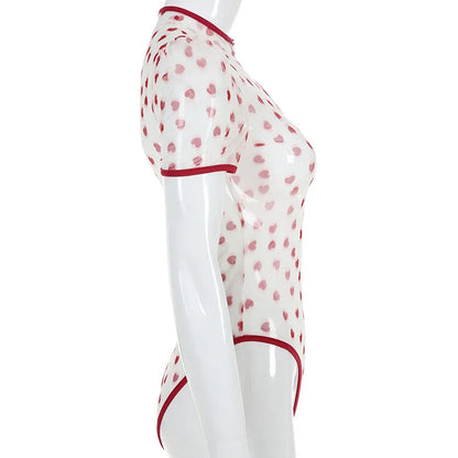 SheMujerSky Sexy Transparent Bodysuit Women Short Sleeve Heart Print Bodysuits Zipper O-neck Jumpsuit Overalls