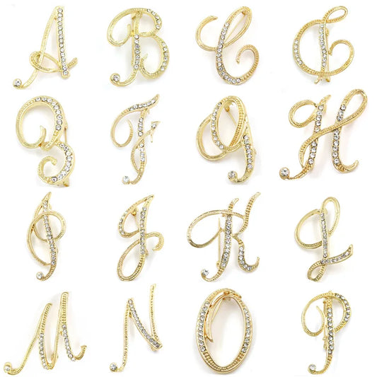 Fashion Design 26 Initial Letters Brooch Pins For Woman Luxury Lapel Pins Crystal Rhinestone Pin Badg Women Brooch Jewelry Gifts