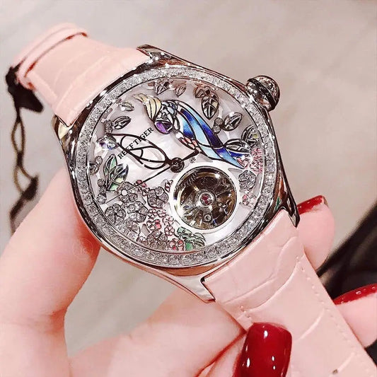 Reef Tiger/RT Womens Luxury Fashion Watches Waterproof Watches Diamonds Pink Dial Automatic Tourbillon Watches RGA7105