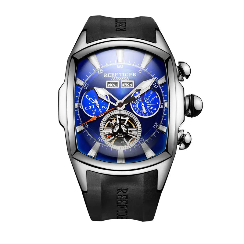 Reef Tiger/RT デザイナースポーツウォッチ トゥールビヨン ステンレススチール ラバーストラップ ブルーダイヤル 自動巻きウォッチ RGA3069