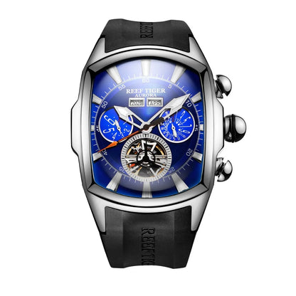 Reef Tiger/RT デザイナースポーツウォッチ トゥールビヨン ステンレススチール ラバーストラップ ブルーダイヤル 自動巻きウォッチ RGA3069