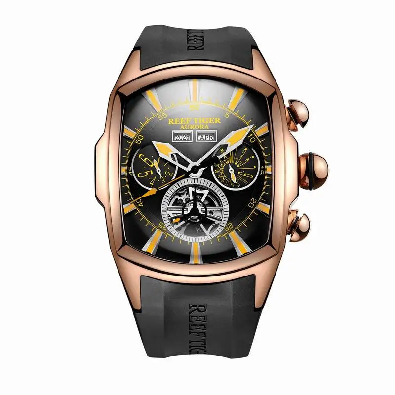 Reef Tiger/RT デザイナースポーツウォッチ トゥールビヨン ステンレススチール ラバーストラップ ブルーダイヤル 自動巻きウォッチ RGA3069