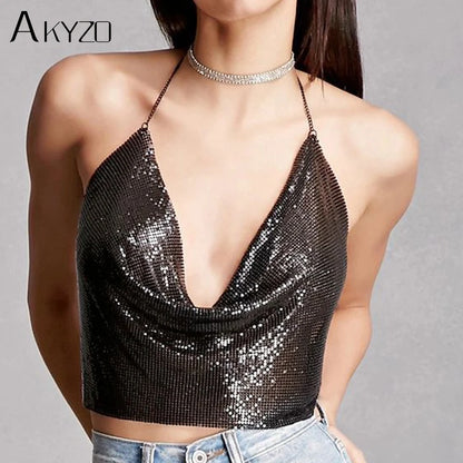 AKYZO レディース 2025 セクシー メタル スパンコール タンクトップ 夏 ゴールド シルバー バックレス クロップド グリッター ビーチ クラブ ショーウェア タンクトップ