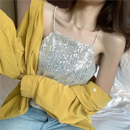 Camisoles Women New Chic Silvery Sequined Sexy V-Neck Off Shoulder Femme Crop Top Vintage Korean Loose Street Party Womens Tops