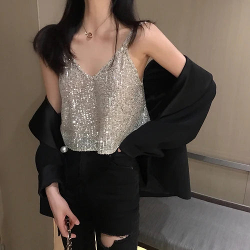 Camisoles Women New Chic Silvery Sequined Sexy V-Neck Off Shoulder Femme Crop Top Vintage Korean Loose Street Party Womens Tops