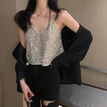 Camisoles Women New Chic Silvery Sequined Sexy V-Neck Off Shoulder Femme Crop Top Vintage Korean Loose Street Party Womens Tops