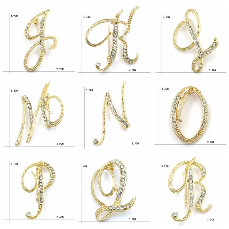 Fashion Design 26 Initial Letters Brooch Pins For Woman Luxury Lapel Pins Crystal Rhinestone Pin Badg Women Brooch Jewelry Gifts