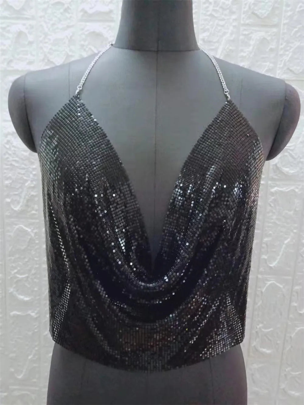 Women Sexy Halter Camisole Tops Shining Metal Sequins Backless Low-Cut Tank Tops for Ladies Vacation Party Clubwear