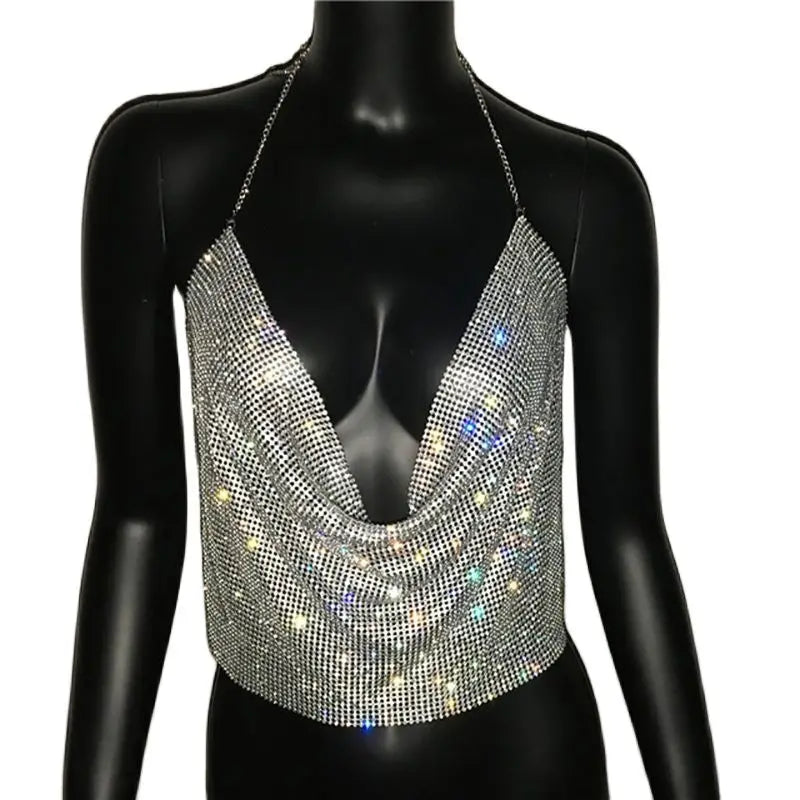 AKYZO Sexy Halter Handmade Shiny Rhinestones Crop Top Women Backless Summer Beach Chic Party Bralette Cropped Tank Top