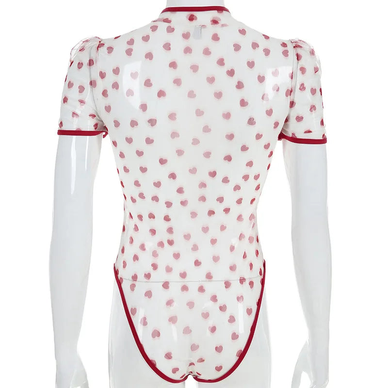 SheMujerSky Sexy Transparent Bodysuit Women Short Sleeve Heart Print Bodysuits Zipper O-neck Jumpsuit Overalls