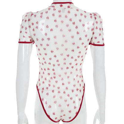 SheMujerSky Sexy Transparent Bodysuit Women Short Sleeve Heart Print Bodysuits Zipper O-neck Jumpsuit Overalls