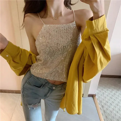 Camisoles Women New Chic Silvery Sequined Sexy V-Neck Off Shoulder Femme Crop Top Vintage Korean Loose Street Party Womens Tops