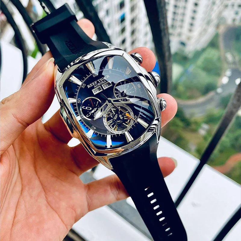 Reef Tiger/RT デザイナースポーツウォッチ トゥールビヨン ステンレススチール ラバーストラップ ブルーダイヤル 自動巻きウォッチ RGA3069