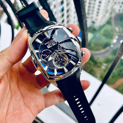 Reef Tiger/RT デザイナースポーツウォッチ トゥールビヨン ステンレススチール ラバーストラップ ブルーダイヤル 自動巻きウォッチ RGA3069