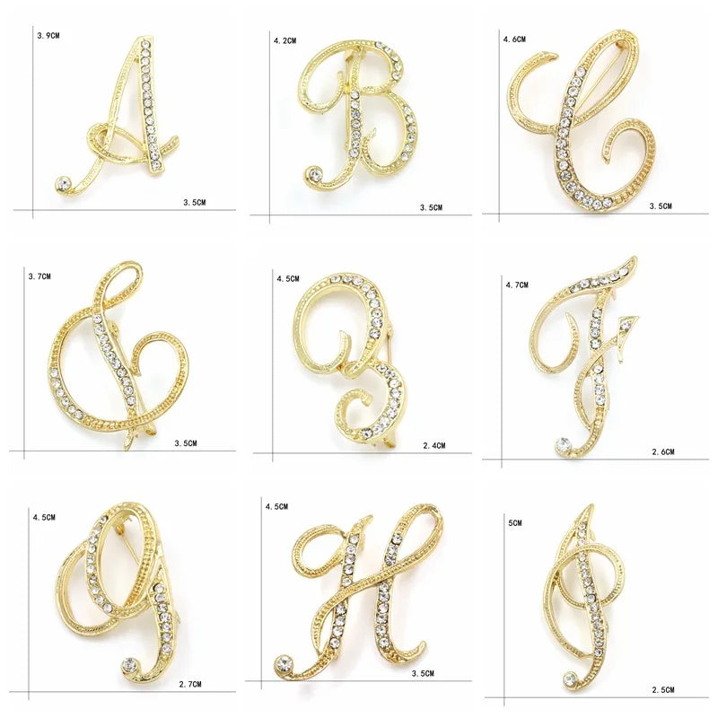 Fashion Design 26 Initial Letters Brooch Pins For Woman Luxury Lapel Pins Crystal Rhinestone Pin Badg Women Brooch Jewelry Gifts