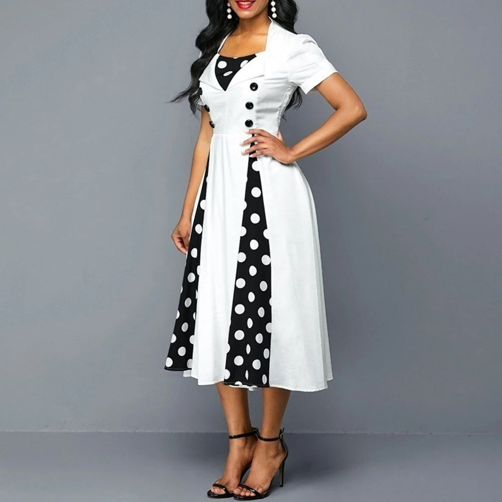 Vintage Dot Print Swing Pin Up Summer Party Dresses Women Short Sleeve High Waist A-Line Dress Elegant Casual Robe Vestidos