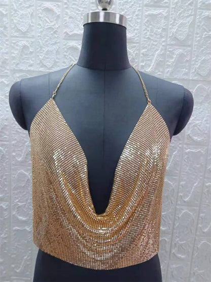 Women Sexy Halter Camisole Tops Shining Metal Sequins Backless Low-Cut Tank Tops for Ladies Vacation Party Clubwear