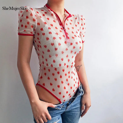 SheMujerSky Sexy Transparent Bodysuit Women Short Sleeve Heart Print Bodysuits Zipper O-neck Jumpsuit Overalls