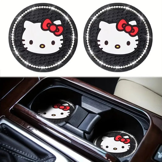 2pcs Kawaii Sanrio Hello Kitty Car Coaster,Cute Cartoon Non-slip Heat Insulation Coasters, Cup Pads Mat, Cup Holder Decoration
