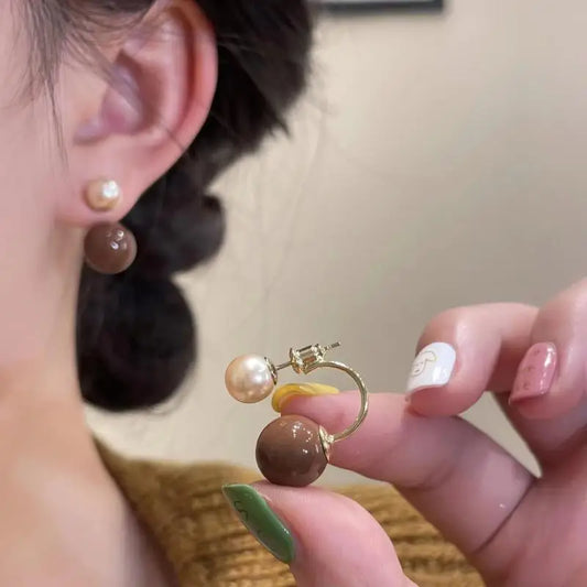 925 Silver Needle Korean Vintage Brown Pearl Earrings For Women Jewelry 2025 Trending New Luxury Women's Red Ball Earrings gifts