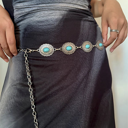 Fashion Silver Bohemian female circular waist chain luxury blue gemstone Ellipse chain belts for women suitable for Skirts dress