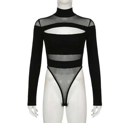 CIBBAR Black Hollow Out Bodysuit Mesh Patchwork Solid Full Sleeve See Through Bodycon Jumpsuit for Women Club Party Outfits Lady